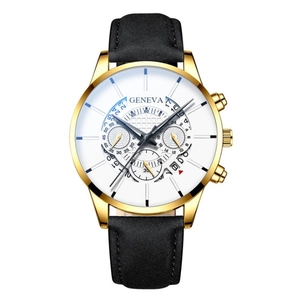 Detailed close-up of Geneva quartz watch featuring a gold-polished case and white dial face