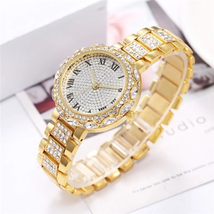 Fashion women's gold-tone alloy watch with crystal-encrusted bezel and Roman numerals