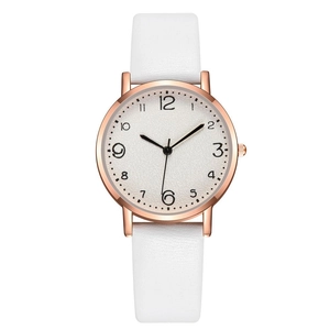 Detail of white leather strap watch with rose gold case and minimalist numeric dial