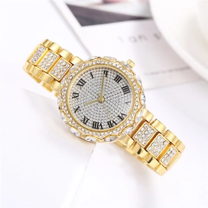 Luxury gold women's watch with crystal-encrusted dial and Roman numerals on metal strap