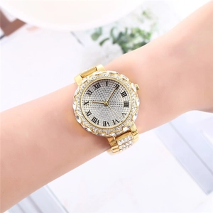 Women's gold fashion watch with rhinestones, roman numerals and alloy strap