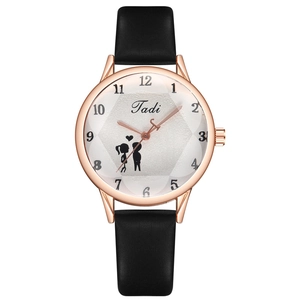 Minimalist quartz watch with rose gold case, black leather strap and couple motif dial