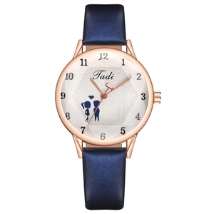 Fashionable quartz watch for women with blue strap and rose gold case featuring heart pattern