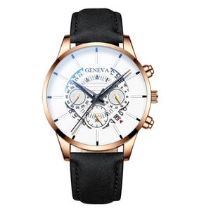 Geneva men's quartz watch with rose gold case, white dial, and black leather strap