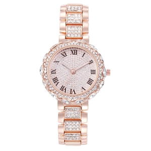 Luxury Women Quartz Watch Fashion Alloy Strap Full Rhinestone Roman Numerals Elegant Ladies Wristwatch