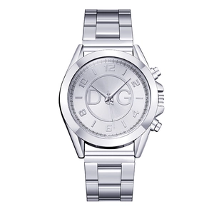 Silver stainless steel quartz watch with link strap and metallic dial for men and women