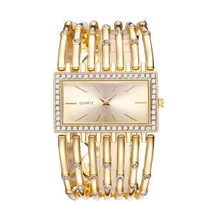 Elegant gold square quartz watch with rhinestone bezel and bamboo-style steel bracelet