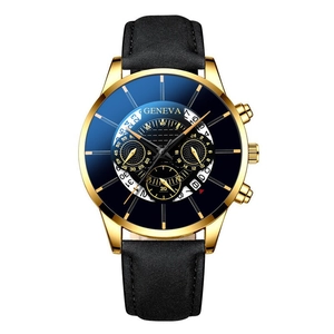 Detail of Geneva gold case watch featuring a blue dial with a unique circular date scale
