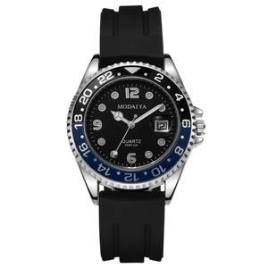 Herren-Quarzuhr mit blau-schwarzer Drehlünette und schwarzem Silikonarmband