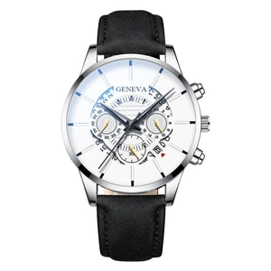 Detail of Geneva quartz watch with white dial, sub-dials and black leather strap