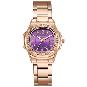 Women Fashion Quartz Watch Alloy Metal Strap Rhinestone Bezel Round Square Case Sunray Dial Elegant Business Timepiece