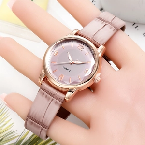 Minimalist women's quartz watch with purple gradient dial and pink leather strap