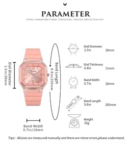 Square quartz watch size guide showing 38mm dial diameter and pink silicone strap specs