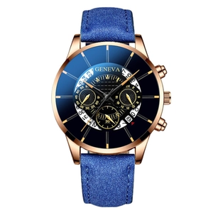 Geneva men's skeleton quartz watch with blue leather strap and rose gold chronograph dial