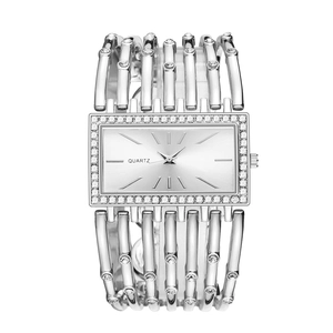 Elegant silver square quartz watch for women with rhinestone bezel and hollow bangle strap