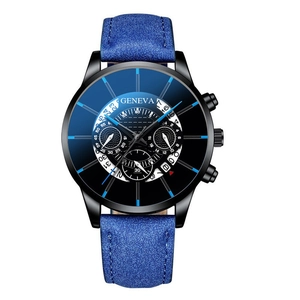 Geneva men's quartz watch featuring a black case, blue textured leather strap and date display