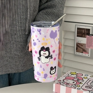 Macro detail of Kuromi cartoon printed purple vacuum insulated stainless steel tumbler