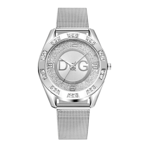 Elegant silver mesh watch for women featuring a sparkling rhinestone bezel and logo dial