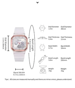 Minimalist silicone quartz watch with rose gold case and 38mm dial size chart