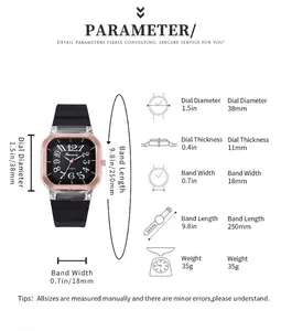 Square fashion silicone jelly watch for women with size chart and 38mm dial dimensions