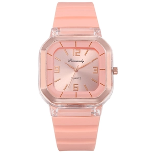 Pink square quartz watch with silicone strap and rose gold trim on white background