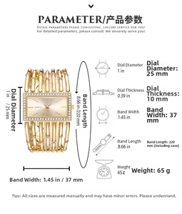 Detailed size chart for rhinestone steel band square quartz watch with dimensions