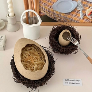 Creative eggshell ceramic bowl set with rustic bird nest base for home and restaurant