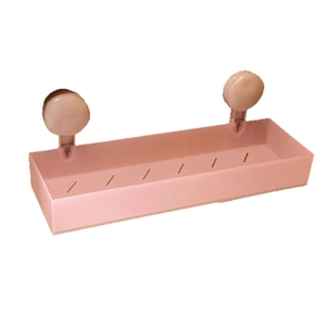 Pink matte bathroom shelf with dual vacuum suction cups and drainage slots for wall storage