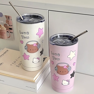 Detailed set of cream and pink stainless steel tumblers with cute cartoon puppy graphics