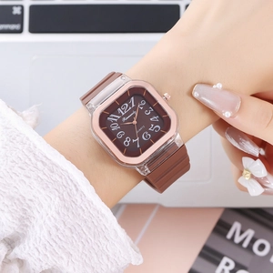 Chic women's square quartz watch with brown silicone strap and rose gold bezel detail
