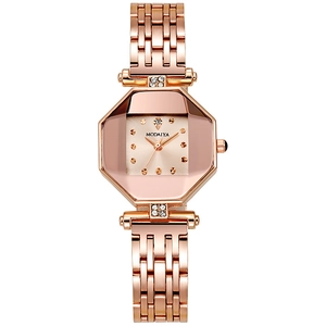 Women Quartz Watch Octagonal Cut Glass Case Rhinestone Alloy Stainless Steel Strap Elegant Minimalist Wristwatch
