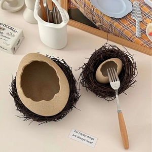 Creative eggshell-shaped ceramic dessert bowls with rustic bird nest base set of two