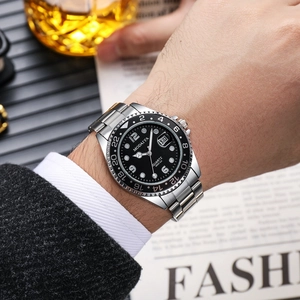 Business quartz men's watch with silver steel strap and black luminous dial