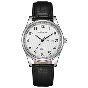 Classic men's quartz watch with silver alloy case, white textured dial and black leather strap
