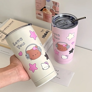 Close-up of cute cartoon cat pattern on matte stainless steel tumbler with metal straw