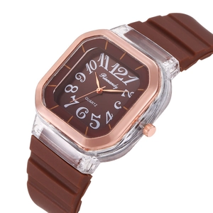Women Quartz Watch Square Transparent Resin Case Alloy Rose Gold Frame Artistic Numerals Silicone Band Fashion Casual