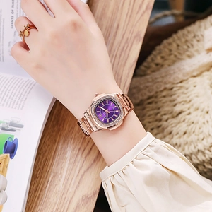Elegant rose gold quartz watch for women with purple sunray dial and diamond bezel
