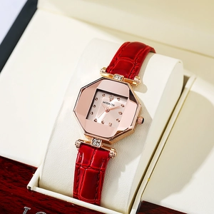 Women's rose gold octagonal quartz watch with red crocodile leather strap and diamond lugs