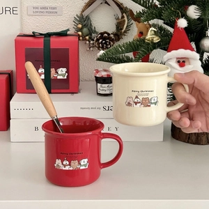 Christmas ceramic mug set with cartoon bear and wood spoon in red gift box