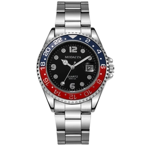 Men's steel watch with black dial and blue-red rotating bezel showing date and markers