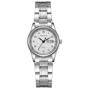Macro shot of white dial with diamond texture and day-date display on steel watch