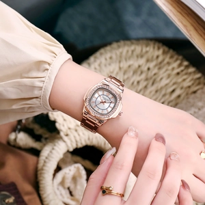 Elegant rose gold square quartz watch for women with diamond bezel and metal link strap