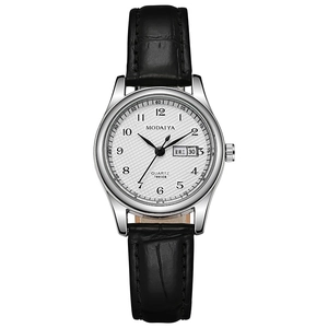 Close-up of MODAIYA quartz watch dial with dual calendar display and leather strap