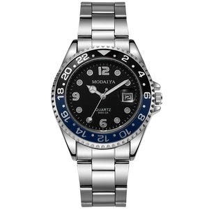 Men's quartz watch with black dial, blue-black GMT bezel and silver steel strap