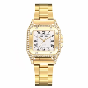 Elegante orologio al quarzo quadrato dorato da donna con lunetta diamantata e numeri romani