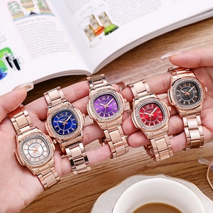 Luxury rose gold women's quartz watches with sparkling rhinestone bezel in five colors