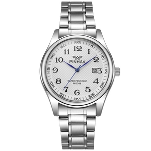 Klassische silberne Edelstahl-Herrenuhr mit weißem Waben-Zifferblatt und blauen Zeigern