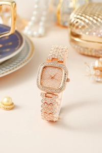 Elegant rose gold square quartz watch for women with full rhinestone embellishment