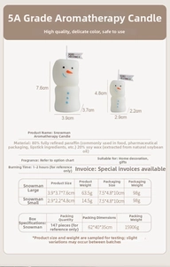 Detailed size specifications for large and small snowman scented candles in centimeters