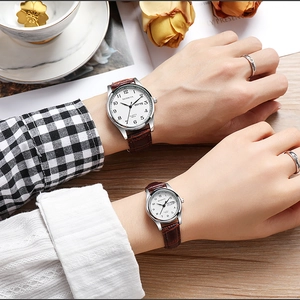 Classic quartz couple watch set with brown leather straps and silver metal casing